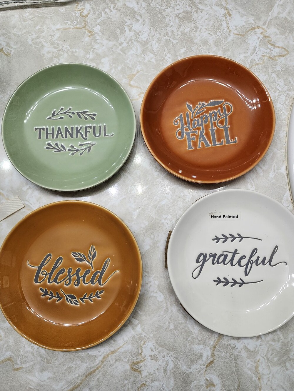 Hand Painted Fall Sentiment Ceramic Plate Set - Green, Orange, White